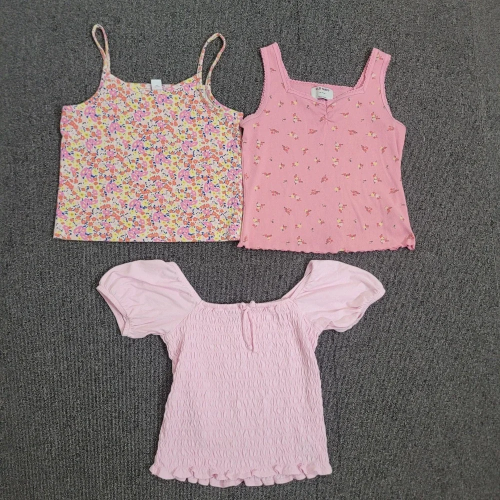 Old Navy XL Girls Top Bundle Pink Floral Smocked Puff Sleeve Tank Cami 3pc